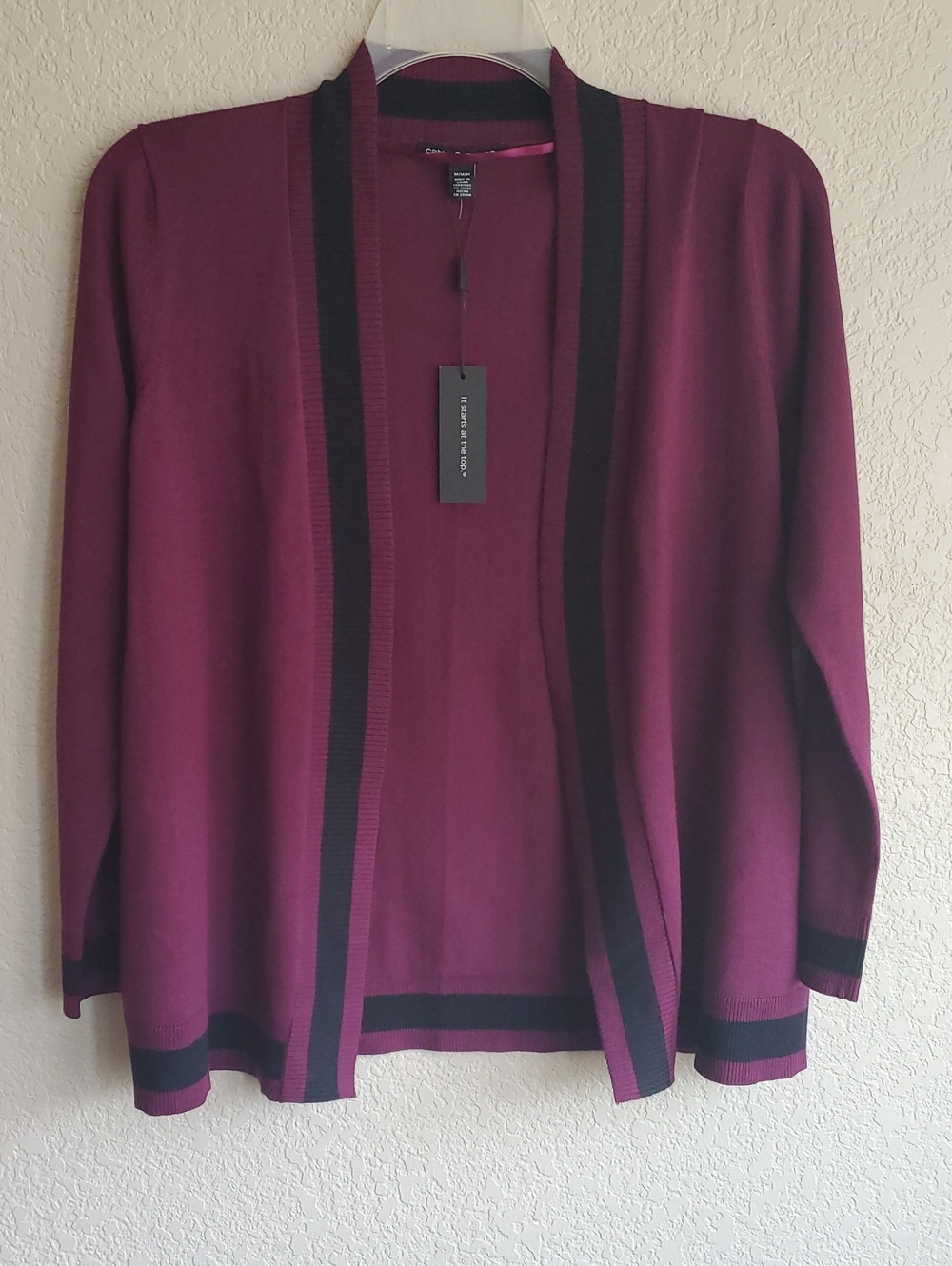 Cable & Gauge Open-Front Cardigan Burgundy Black Preppy Office Old Money M